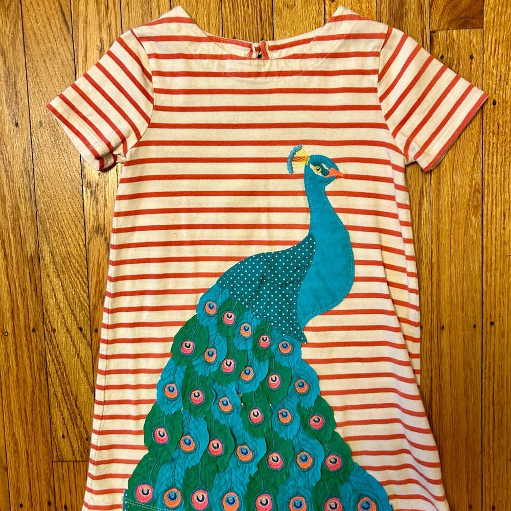 Mini Boden Red and White Striped Dress with Peacock Design - Picture 2 of 4